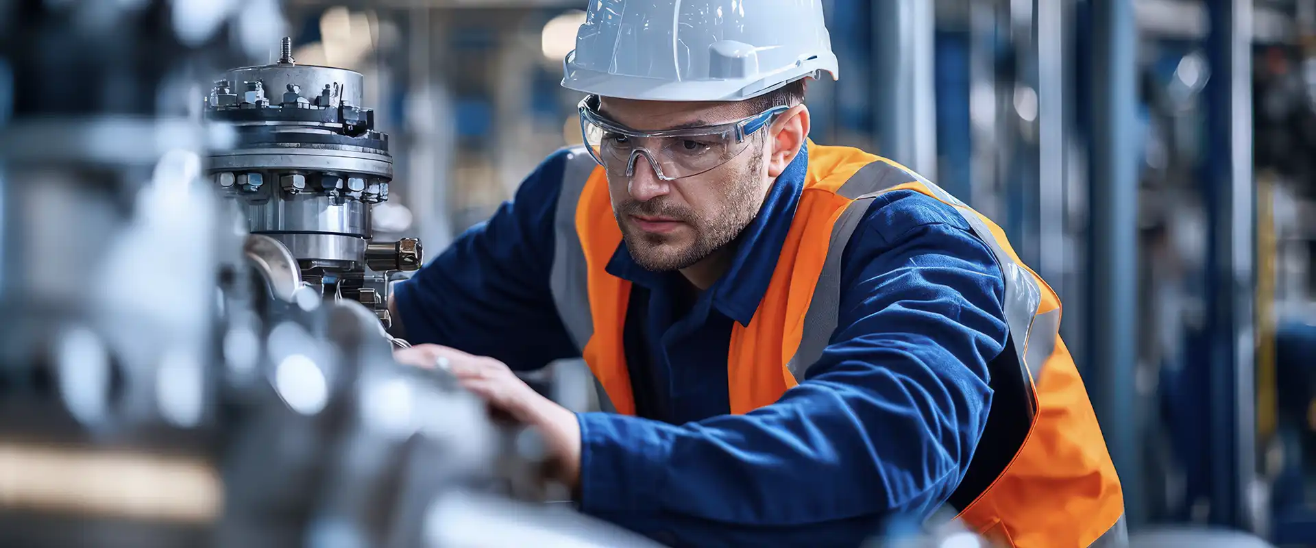 Ein Ingenieur in Sicherheitsausrüstung inspiziert Industriemaschinen in einer Fabrik.
